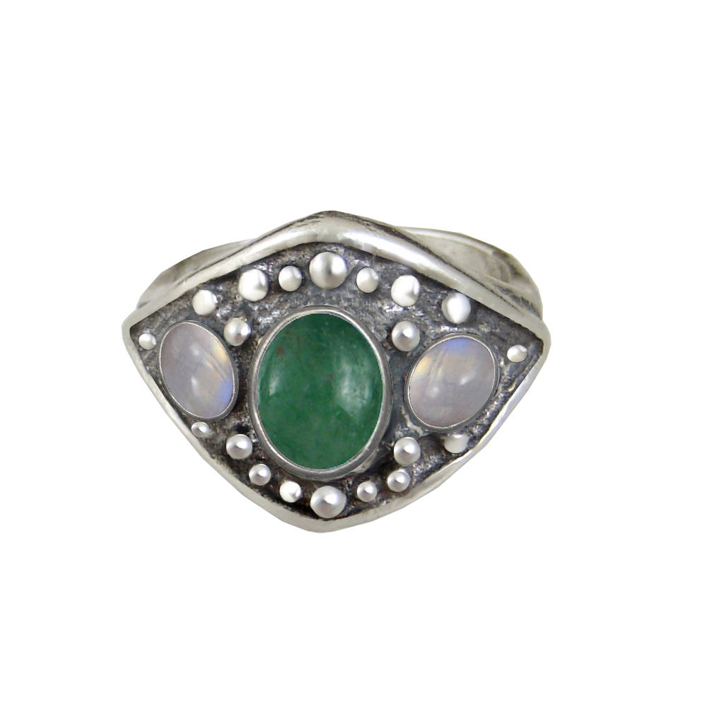 Sterling Silver Medieval Lady's Ring with Jade And Rainbow Moonstone Size 8